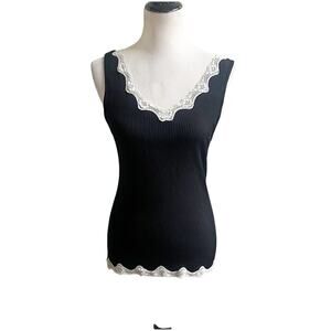 Lace Trim Ribbed Camisole Tank Black Cream Y2K Size M/L Fairy Grunge